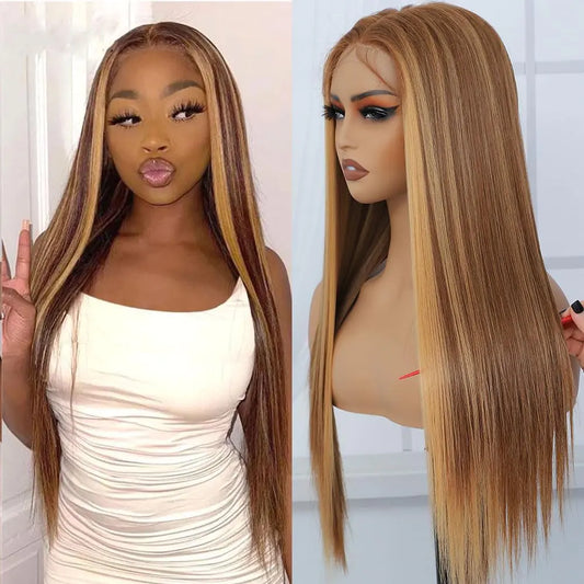 Raxylll Blonde HD Lace Front Wig Synthetic Pre Pulcked Wear And Go Glueless Wig Highlight Ombre Synthetic Lace Front Wigs for Women 4/27 Highlights Straight Synthetic Lace Front Wig 26 inch