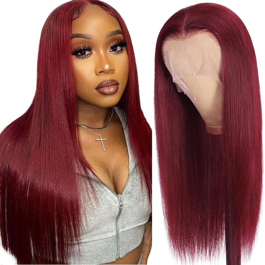 Burgundy Straight Lace Front Wigs Human Hair 13x6.5 Straight Lace Frontal Wigs 250% Density Glueless Burgundy Transparent Lace Front Wig Human Hair Colored (26 inch 99j)